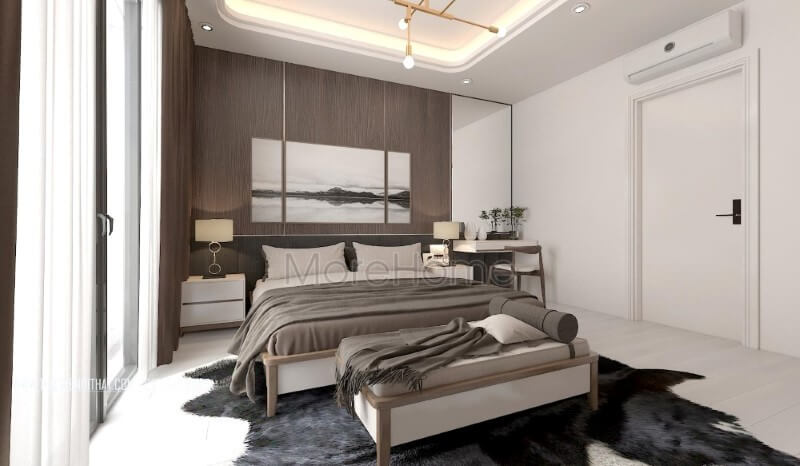 Bố trí nội thất phòng ngủ hiện đại ấn tượng với chất liệu gỗ óc chó sang trọng từ gỗ ốp tường, giường ngủ gỗ, đôn sofa,.. Thiết kế phòng ngủ nhà phố