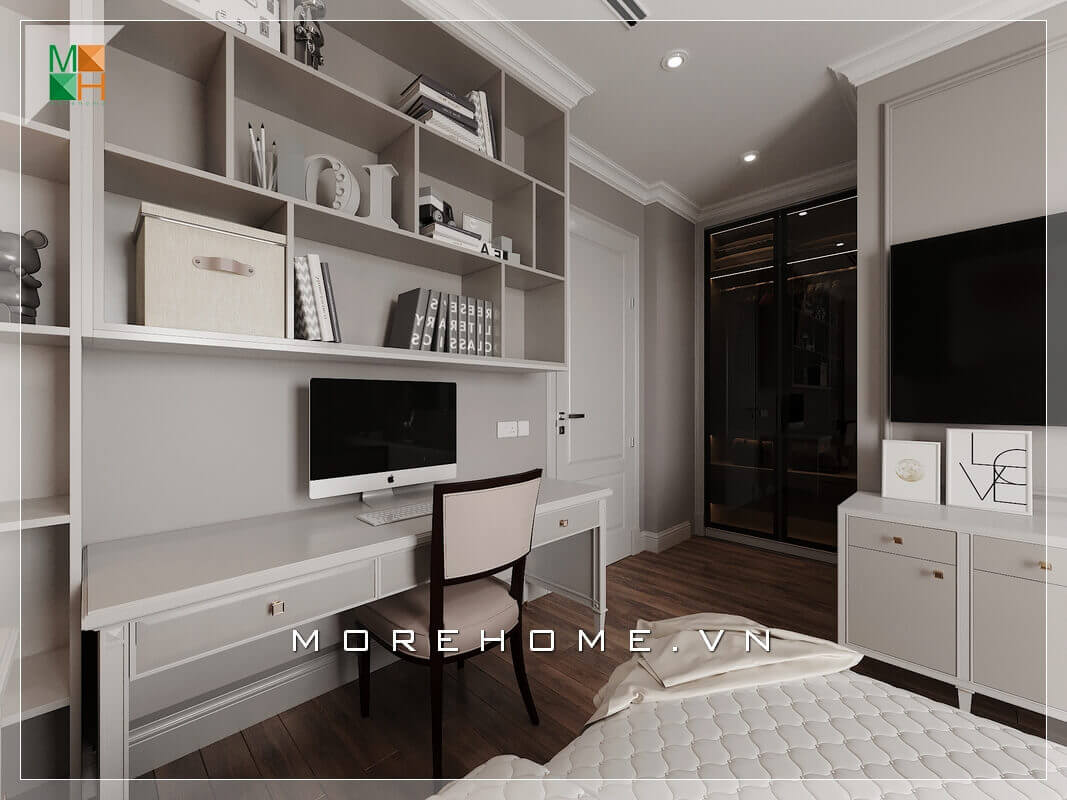 Giới thiệu mẫu thiết kế nội thất bàn làm việc và kệ sách treo tường phòng ngủ đẹp mang phong cách hiện đại. Chất liệu sản xuất chính là gỗ công nghiệp cao cấp An Cường rất đẹp mắt và màu sắc trang trí phù hợp với màu sắc căn phòng. Thiết kế phòng ngủ nhà phố