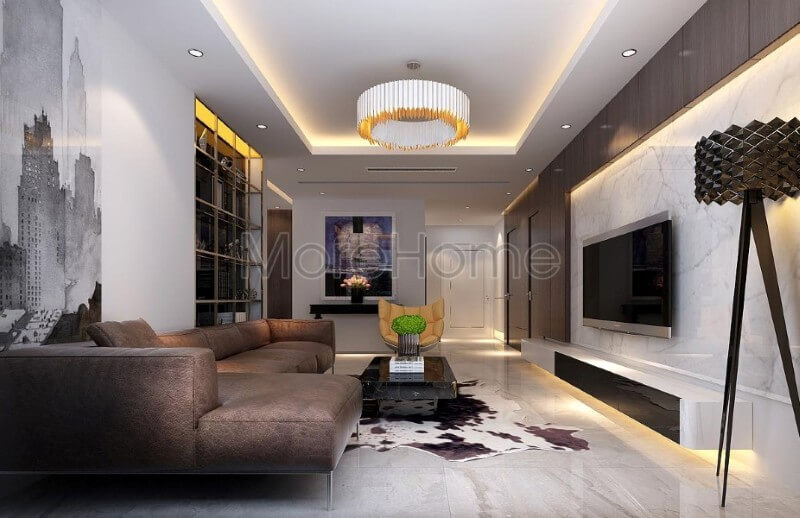 Đá ốp tường vân mây được lựa chọn như là một điểm nhấn mới lạ ở không gian tiếp khách của gia chủ Đá ốp phòng khách chung cư
