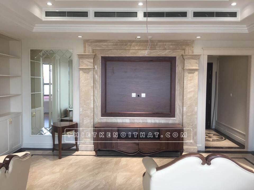 Đá ốp tường tự nhiên cho bức tường sau tivi chung cư cao cấp Đá ốp phòng khách chung cư