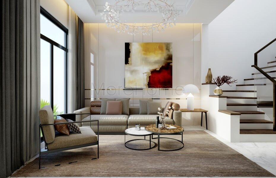 Thiết kế đá ốp tường và sàn phòng khách giúp không gian thoáng rộng hơn cho không gian phòng Đá ốp phòng khách chung cư