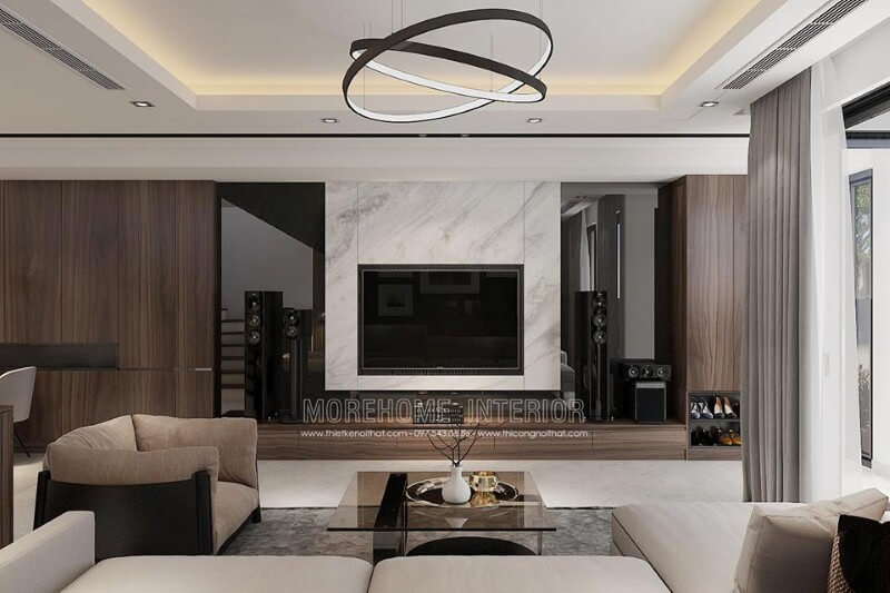 Đá ốp phòng khách trắng vân mây đẹp sang trọng lựa chọn ấn tượng cho phòng khách hiện đại. Đá ốp phòng khách chung cư
