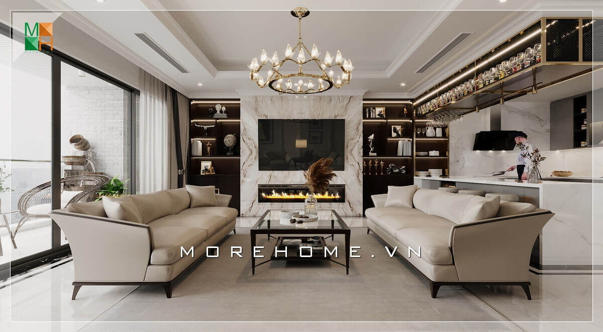 Ấn tượng mẫu đá ốp đối vân tường treo tivi hiện đại và sang trọng khiến căn phòng khách trở nên sáng tạo và độc đáo hơn. Đá ốp phòng khách chung cư