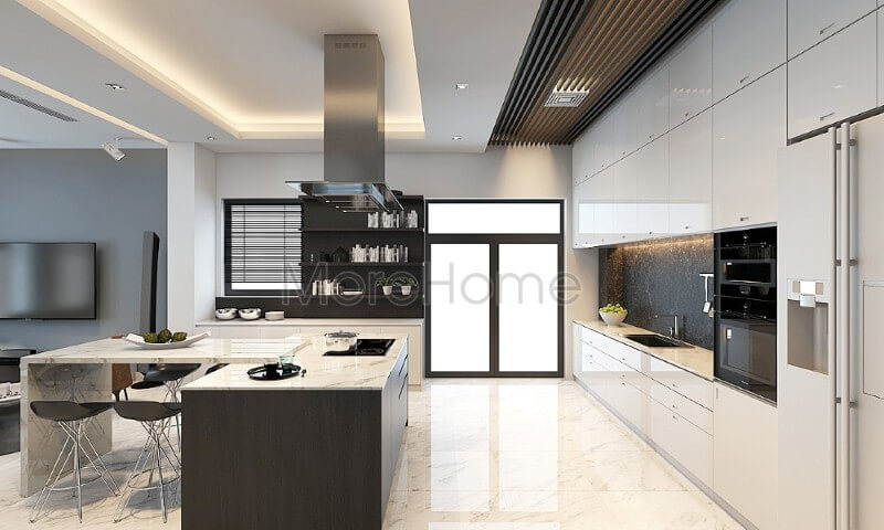 Mẫu tủ bếp chữ i gỗ Acrylic hiện đại, liền kề là chiếc bàn đảo tích hợp công năng là bàn ăn phụ tạo tiện nghi cho chủ nhân ngôi nhà Tủ bếp gỗ công nghiệp và tủ bếp acrylic