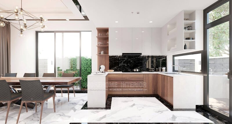 Mẫu tủ bếp hiện đại được thiết kế ấn tượng với sự phân chia khoa học mang lại sự thuận tiện cho người nấu. Tủ bếp màu trắng, tủ bếp màu nâu đẹp