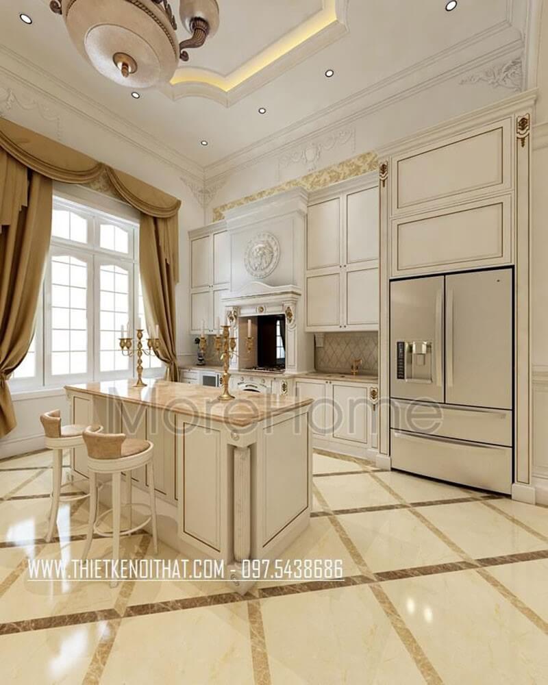 Mẫu tủ bếp gỗ tân cổ điển màu trắng cùng với thiết bị bếp hiện đại, sang trọng cho phòng bếp Tủ bếp màu trắng, tủ bếp màu nâu đẹp