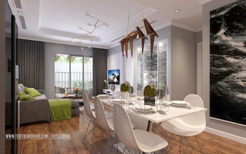 Bộ bàn ghế ăn hiện đại được thiết kế tối giản, lược bỏ đi các chi tiết cầu kì mà chỉ tập trung vào công năng sử dụng, tạo cho không gian căn nhà thêm thanh thoát, nhẹ nhàng hơn