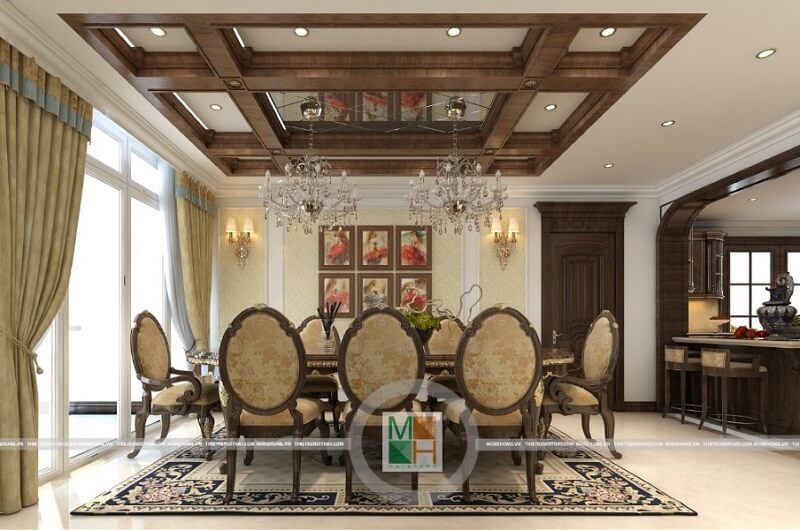 Bộ bàn ghế ăn gỗ tự nhiên đẹpvới kiểu dáng tân cổ điển màu vàng ánh kim lôi cuốn