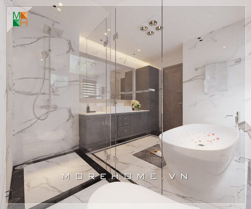 Thiết kế phòng tắm cho chung cư, nhà phố, biệt thự với vẻ đẹp cao cấp từ đá nhân tạo vân mây, mang đến không gian thư giãn thoải mái cho gia chủ sau những giờ làm việc căng thẳng