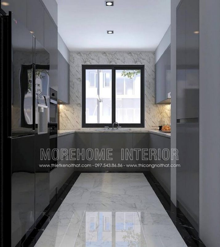 Thiết kế phòng bếp với tủ bếp hình chữ U màu xám là một ý tưởng sử dụng tối đa diện tích và có thể lưu trữ những vật dụng phát sinh cần thiết trong sinh hoạt gia đình phù hợp với mọi không gian hiện đại từ chung cư, nhà phố, biệt thự.