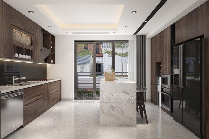 Trang trí phòng bếp đảo ấn tượng với nội thất gỗ công nghiệp cao cấp kết hợp bàn đảo đá ốp sang trọng.