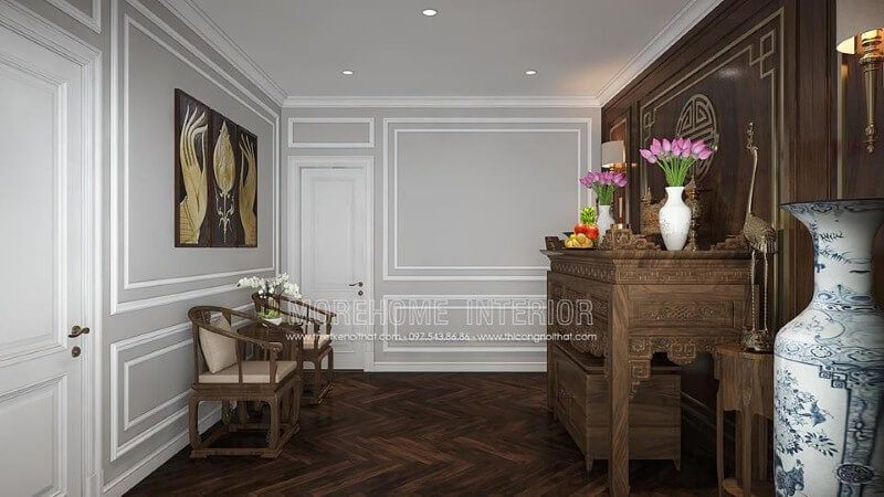 Trang trí nội thất phòng thờ đẹp, trang trọng hợp phong thủy từ nội thất gỗ óc chó cao cấp.