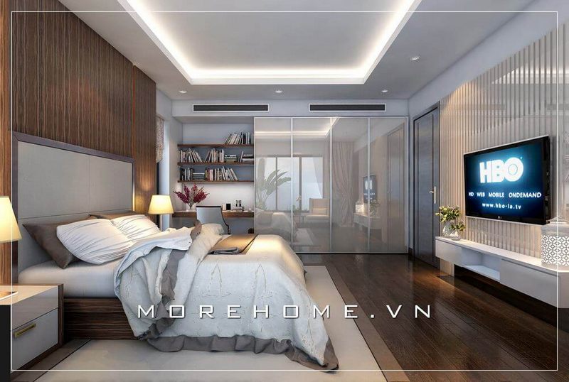 Bố trí nội thất phòng ngủ chung cư cao cấp vô cùng khoa học, khu vực làm việc được bố trí ngay cạnh phòng ngủ mang lại cho bạn cảm giác thoải mái và tiện nghi nhất