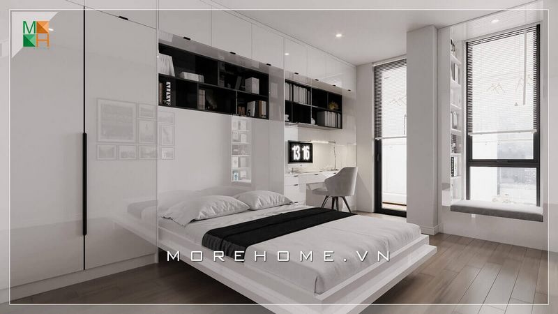 Mẫu kệ giá sách có tone màu trắng tô thêm sự sang trọng cho không gian nội thất hiện đại khi đặt trên bàn học giường.